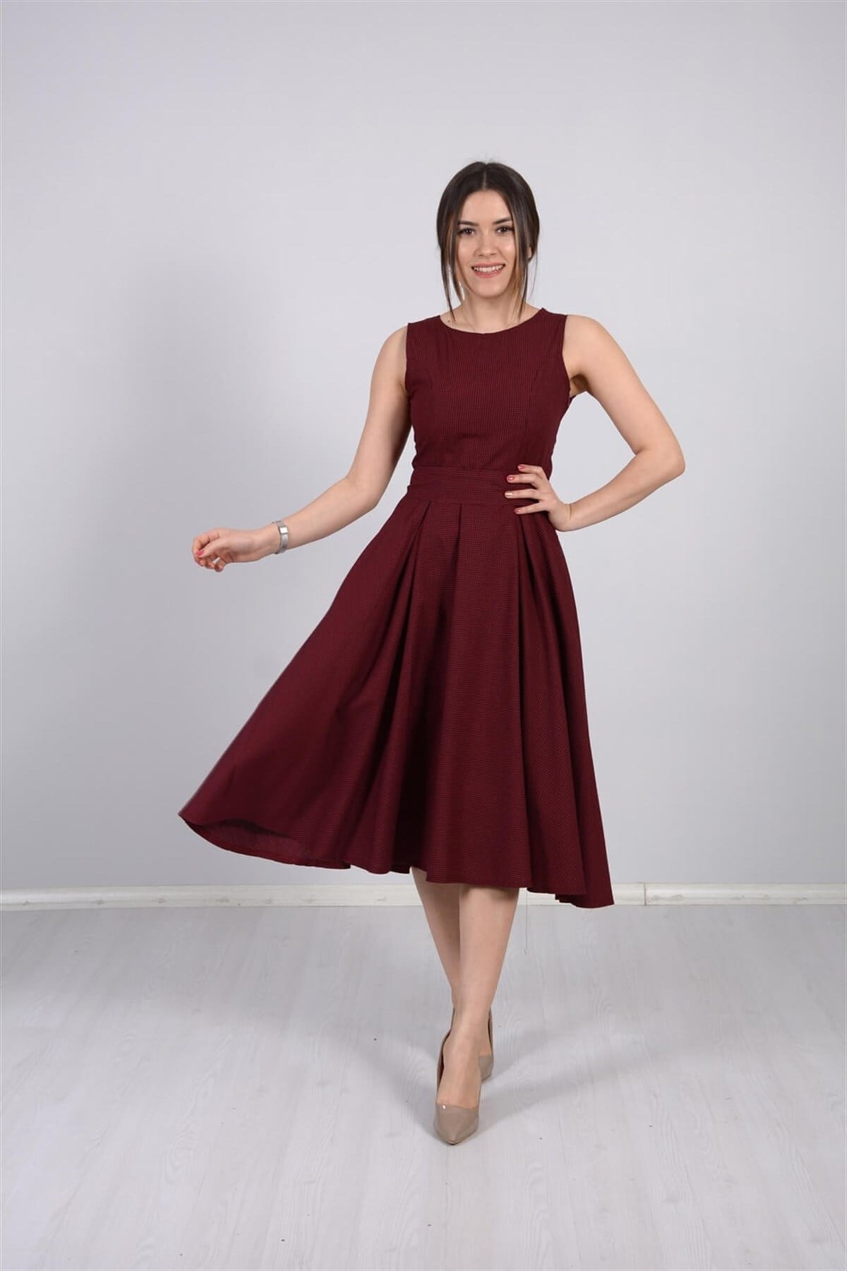 Kareli Kumaş Midi Elbise - BORDO
