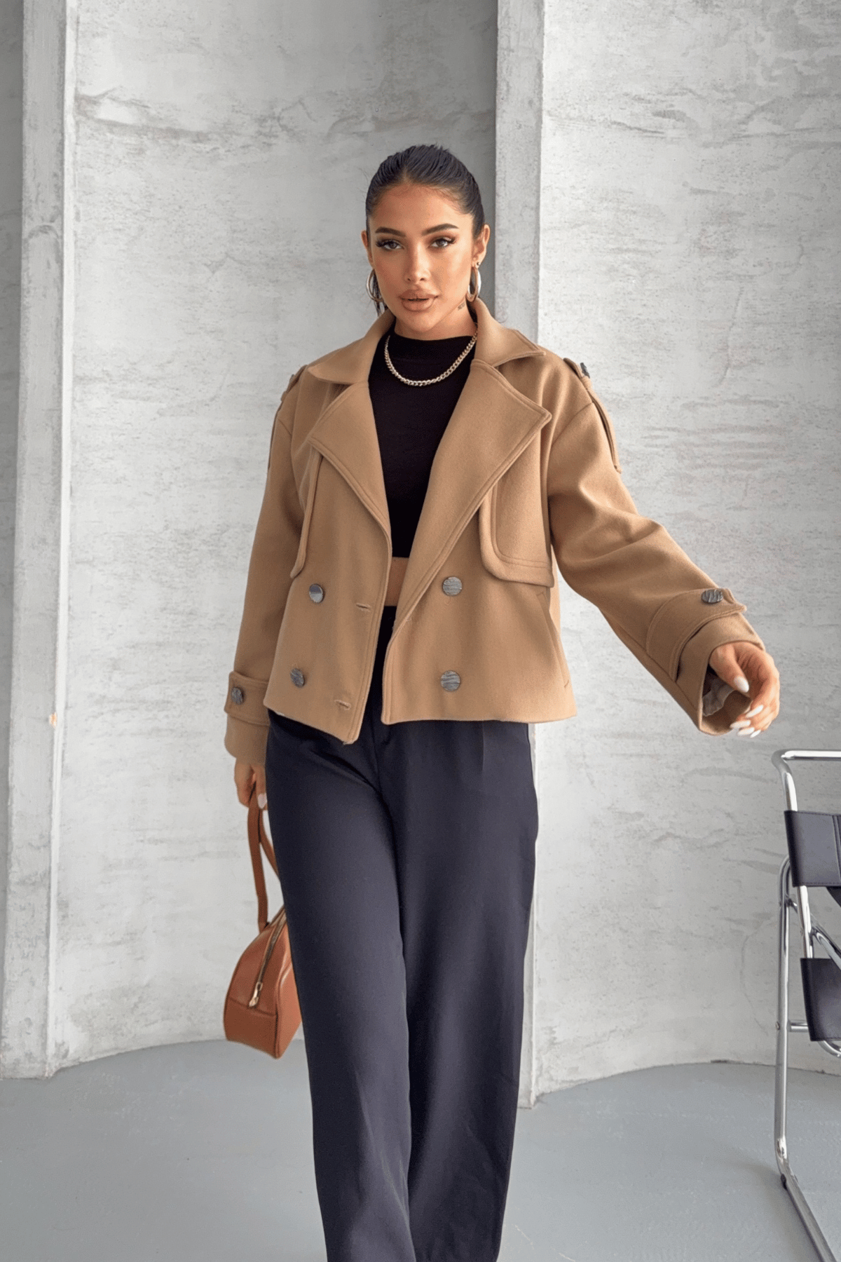 Kaşe Kumaş Bomber Mont - AÇIK KAHVE