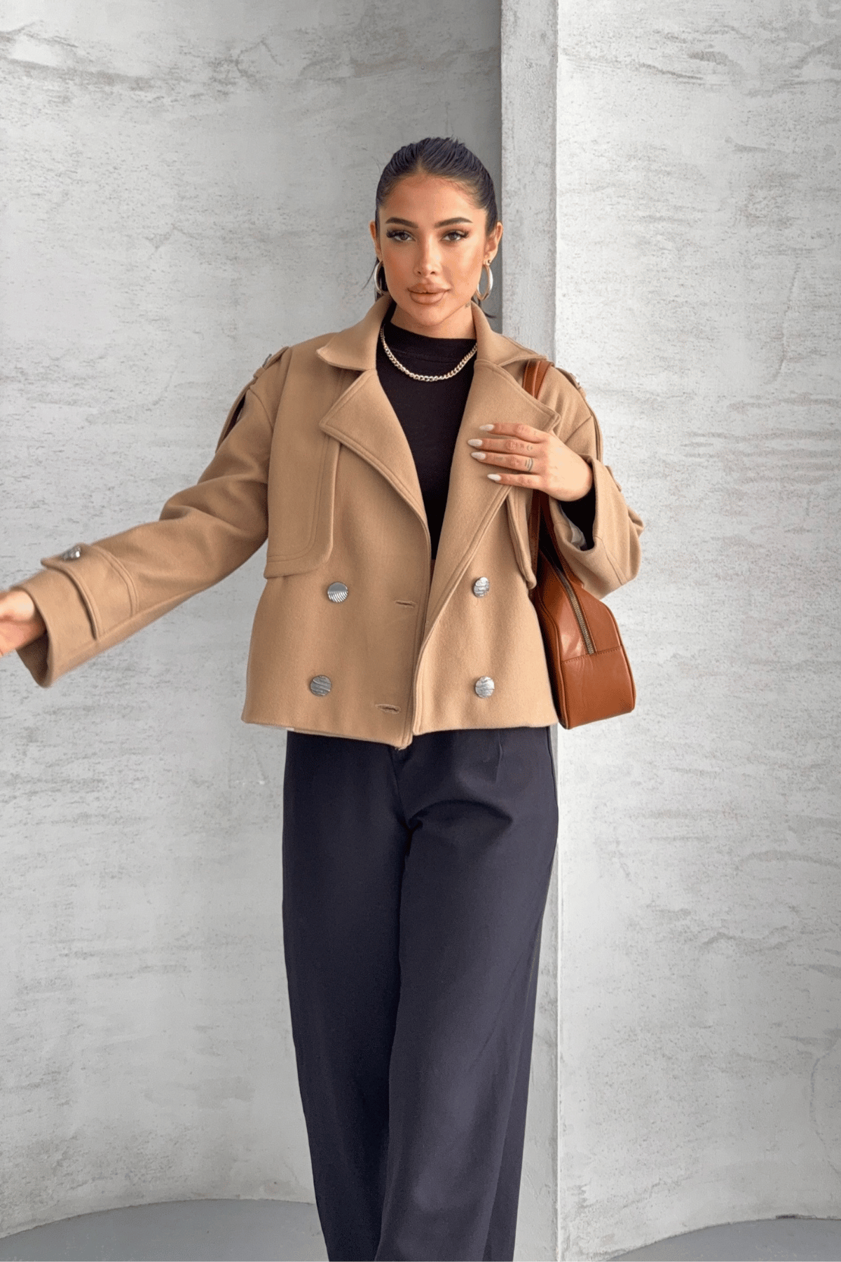 Kaşe Kumaş Bomber Mont - AÇIK KAHVE