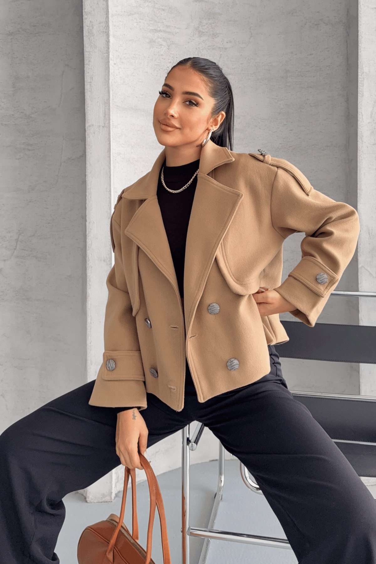 Kaşe Kumaş Bomber Mont - AÇIK KAHVE