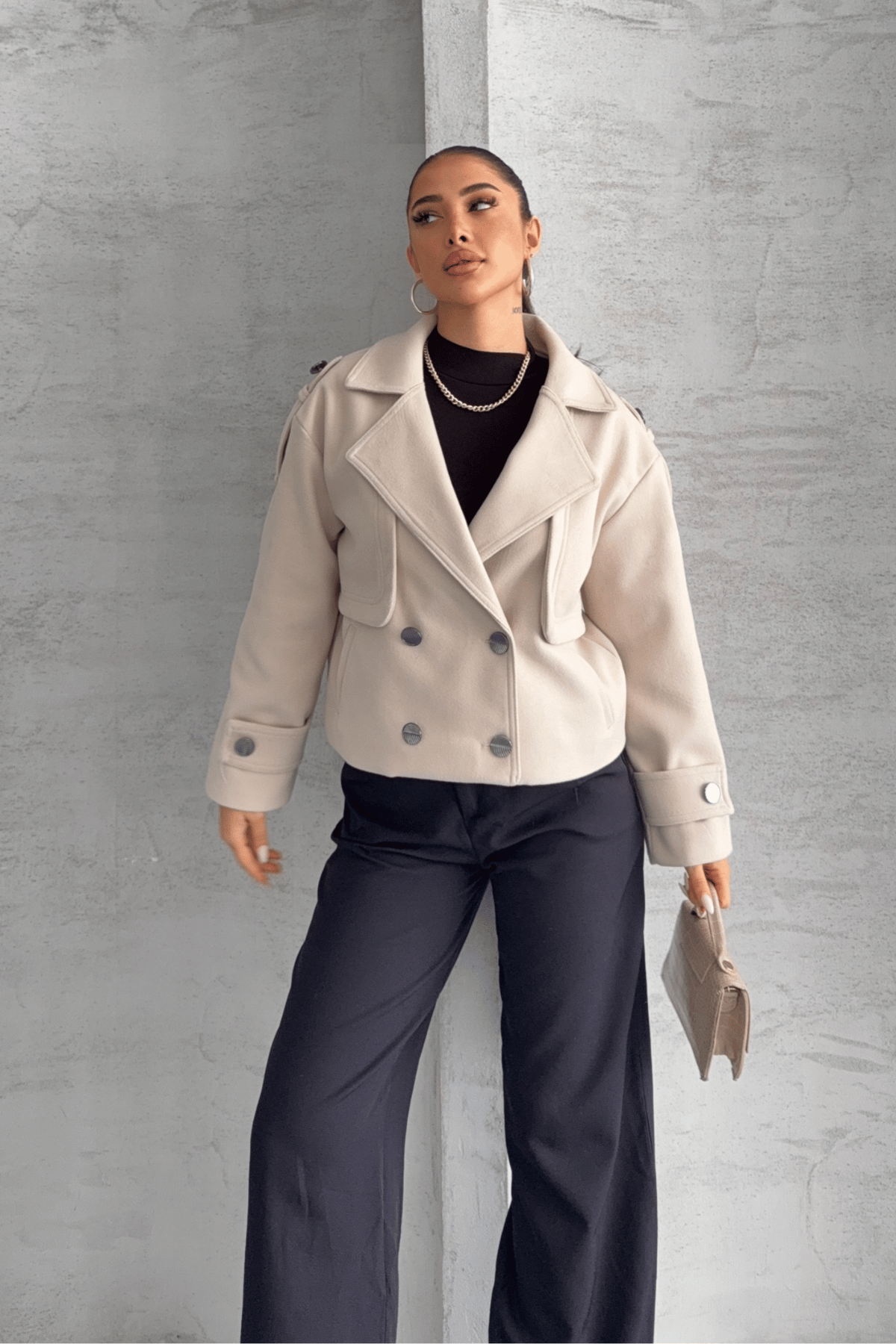 Kaşe Kumaş Bomber Mont - BEJ