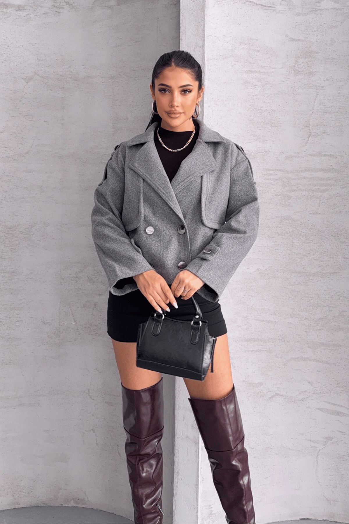 Kaşe Kumaş Bomber Mont - GRİ