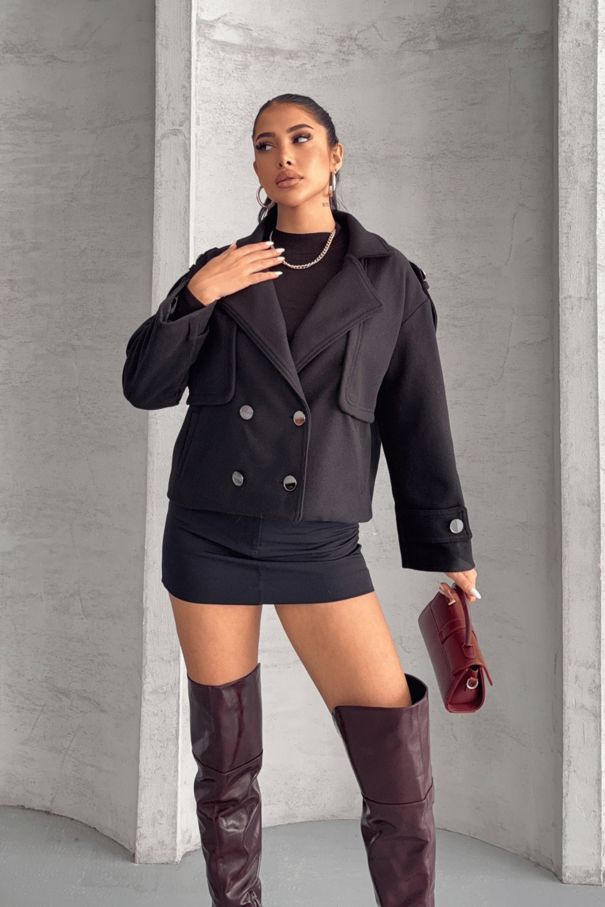 Kaşe Kumaş Bomber Mont - SİYAH