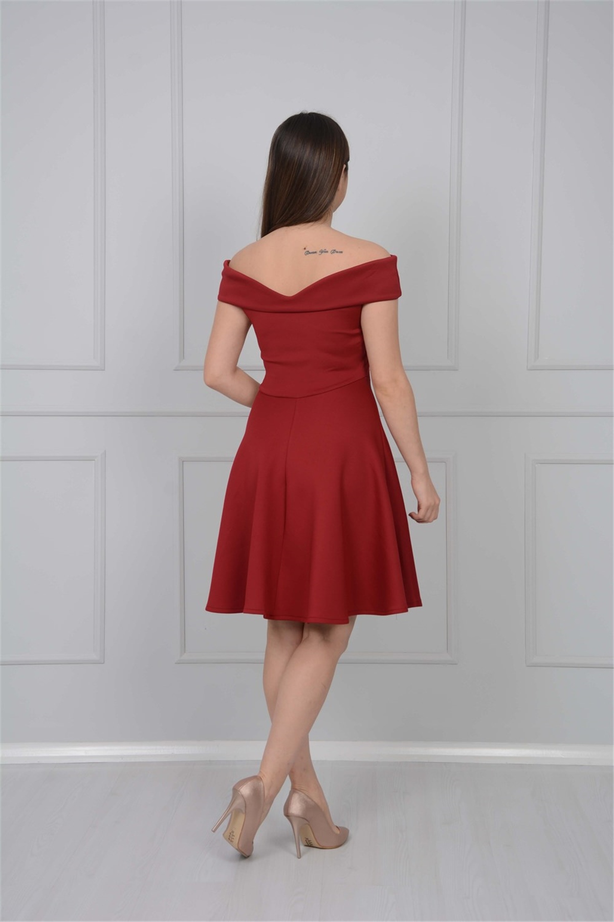 Kayık Yaka Elbise - Bordo