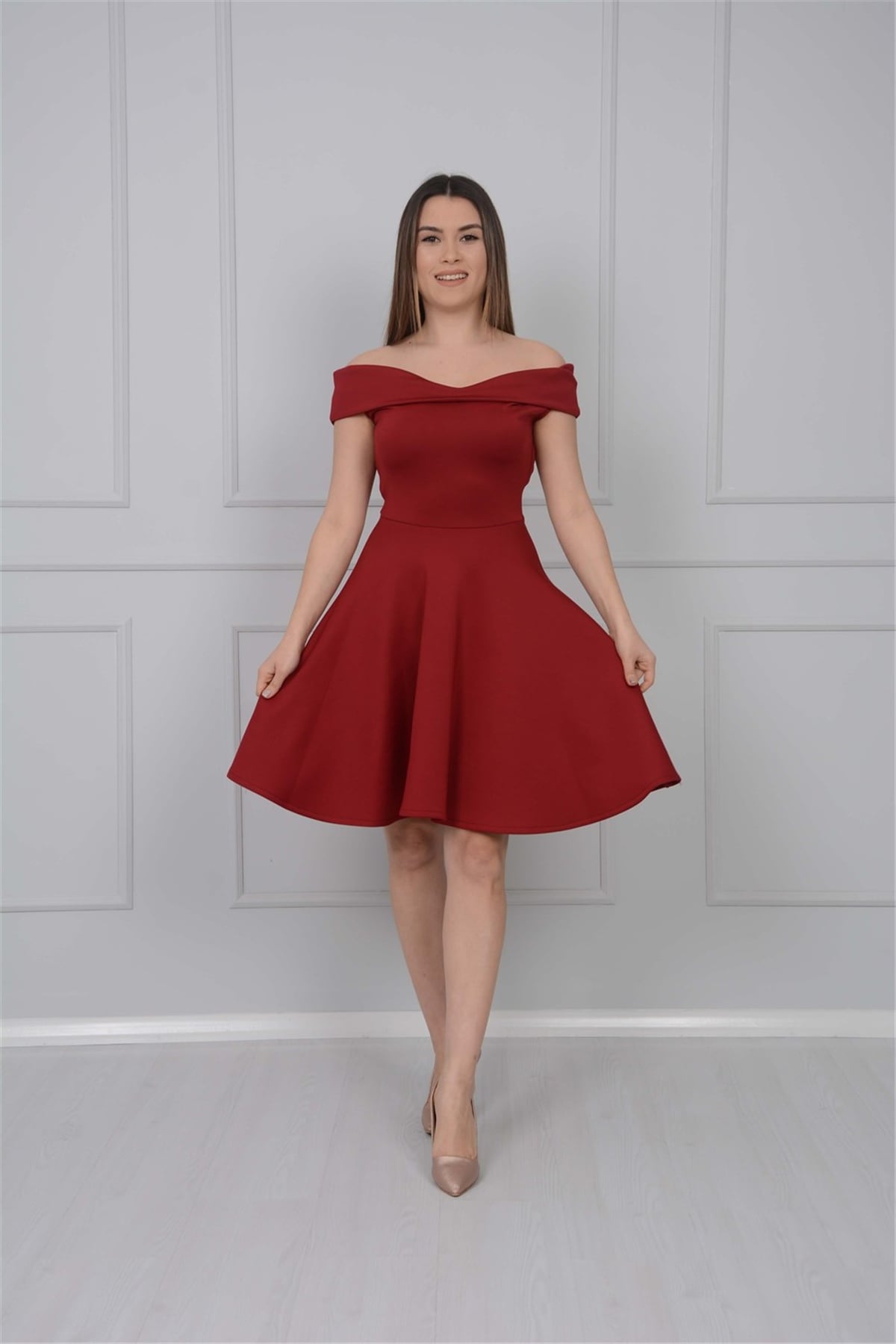 Kayık Yaka Elbise - Bordo