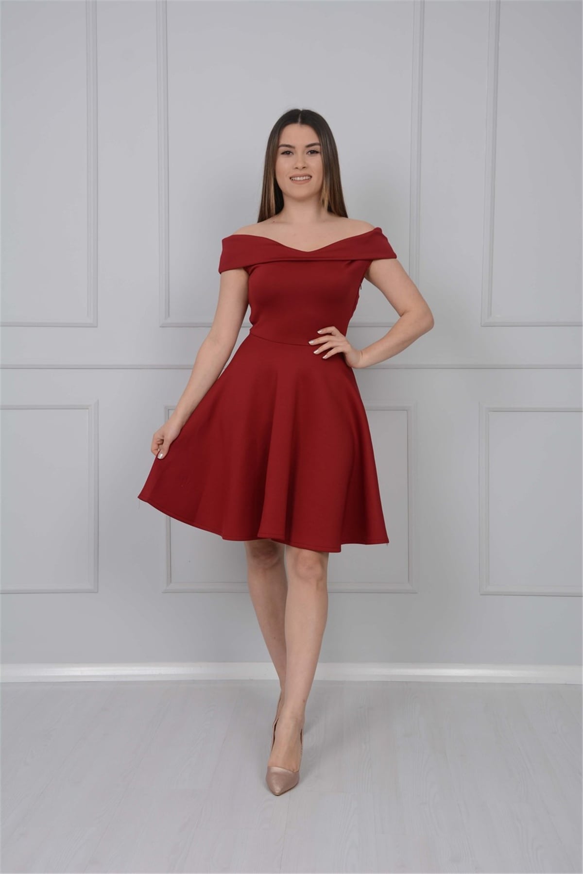 Kayık Yaka Elbise - Bordo