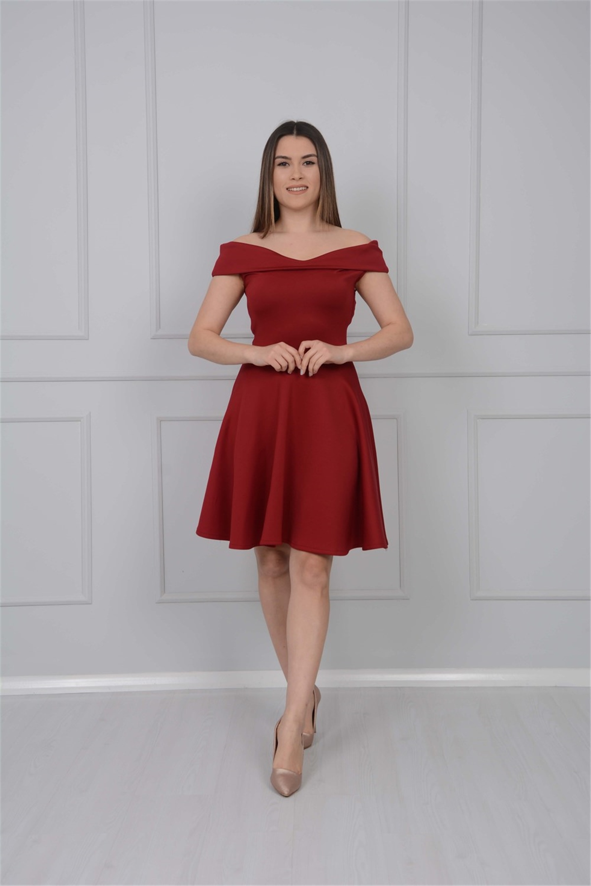 Kayık Yaka Elbise - Bordo