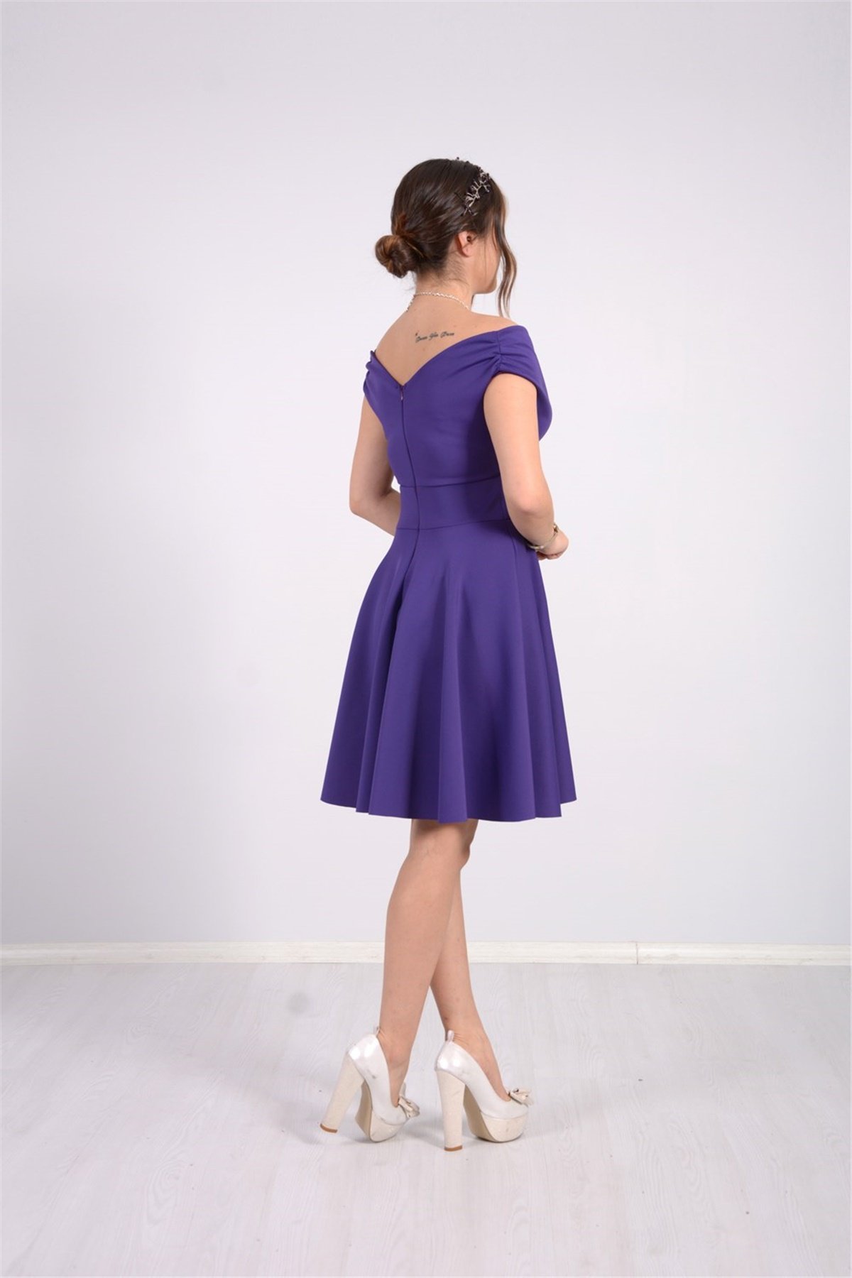 Kayık Yaka Elbise - Mor