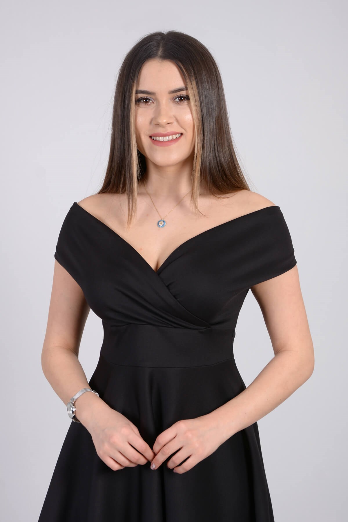 Kayık Yaka Elbise - Siyah