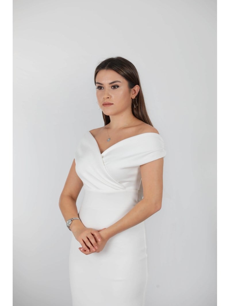 Kayık Yaka Kalem Elbise - BEYAZ