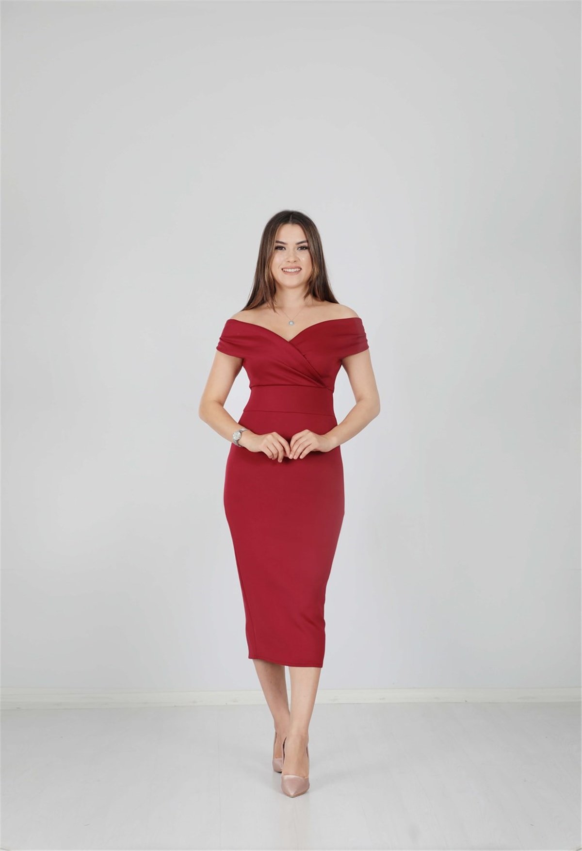 Kayık Yaka Kalem Elbise - Bordo