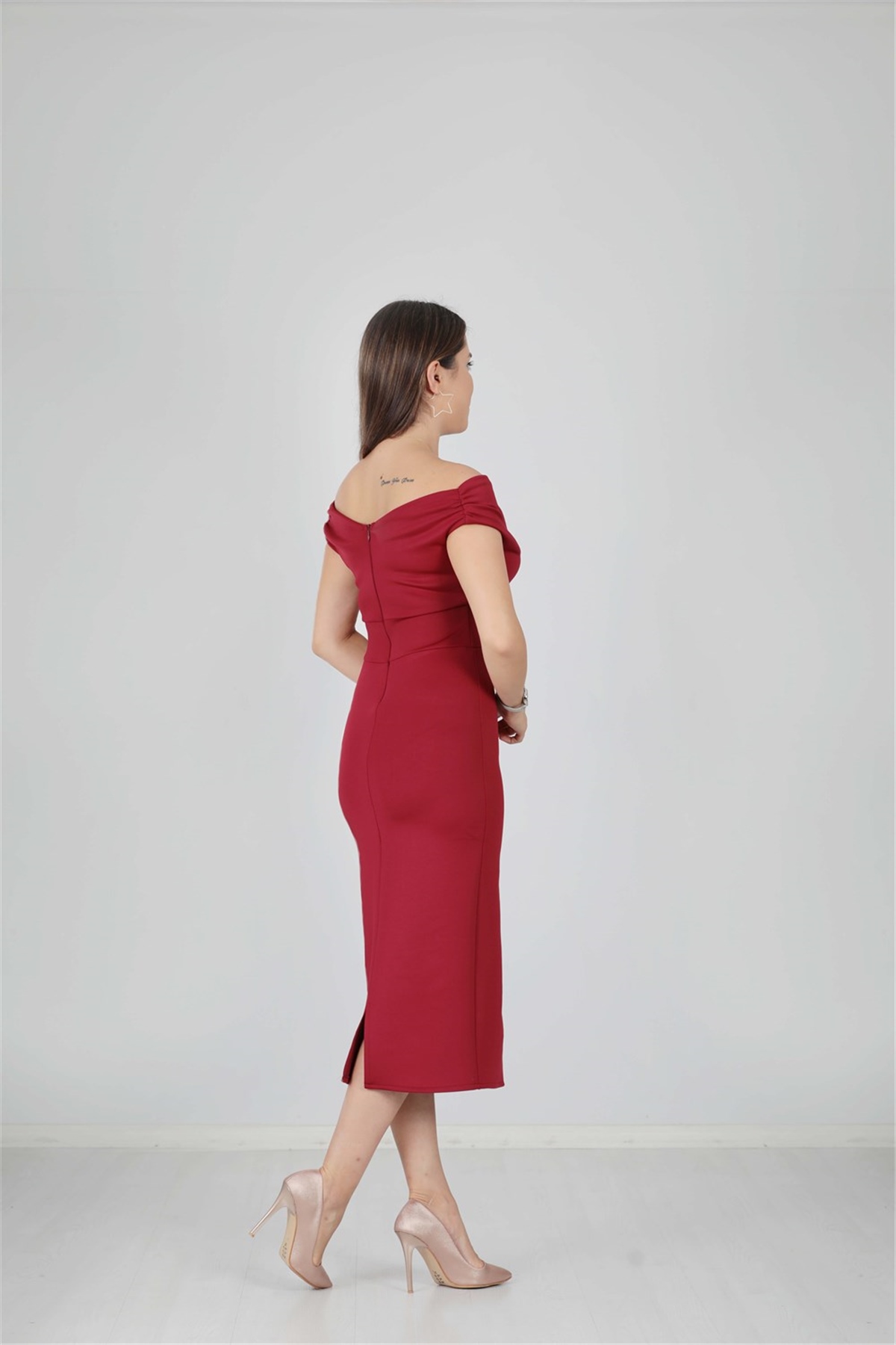 Kayık Yaka Kalem Elbise - Bordo