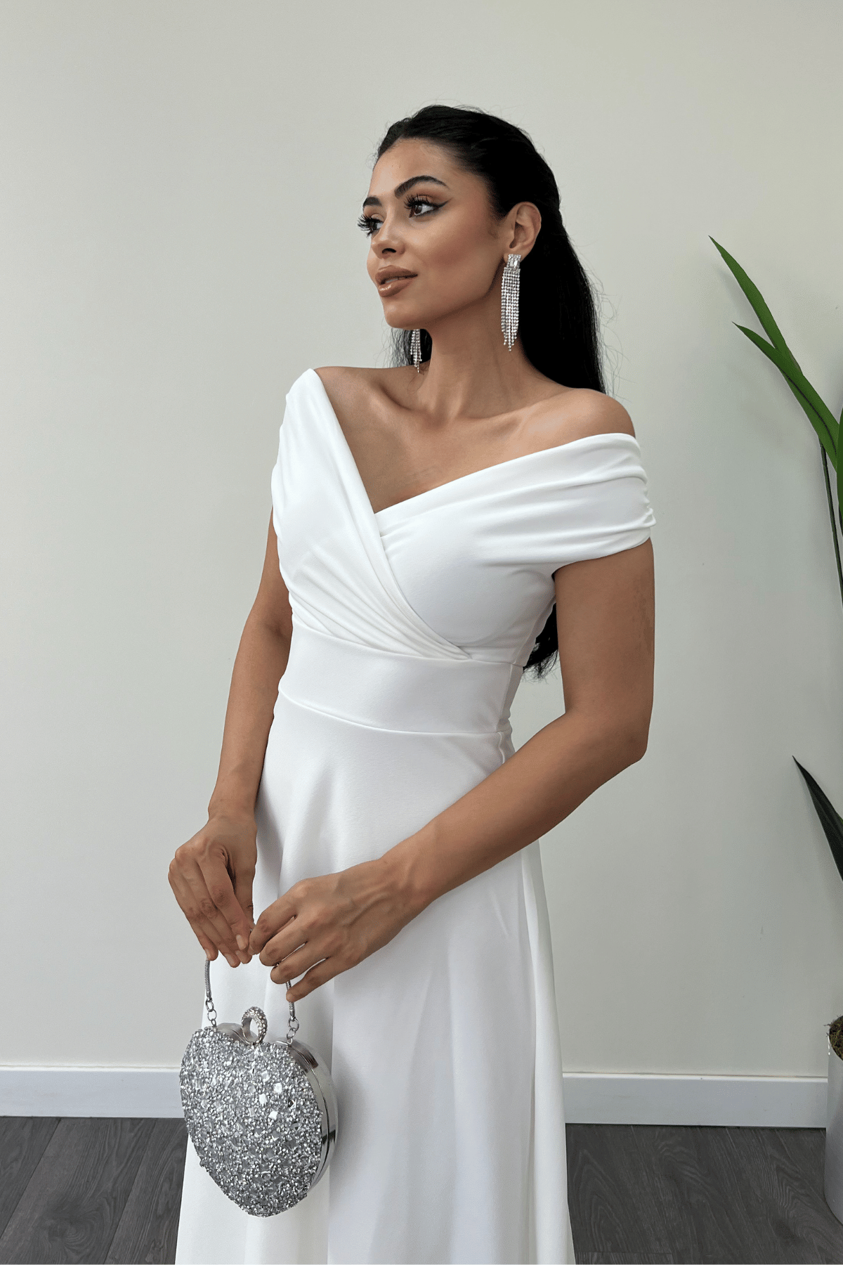 Boat Neck Flared  Dress - White