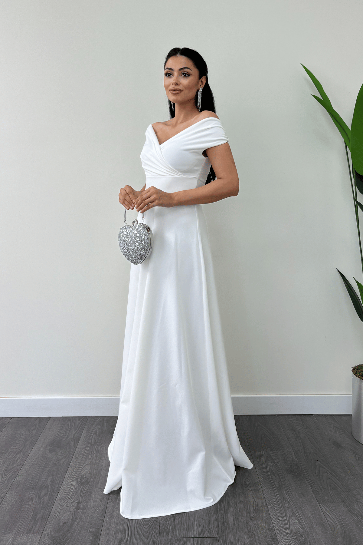 Boat Neck Flared  Dress - White