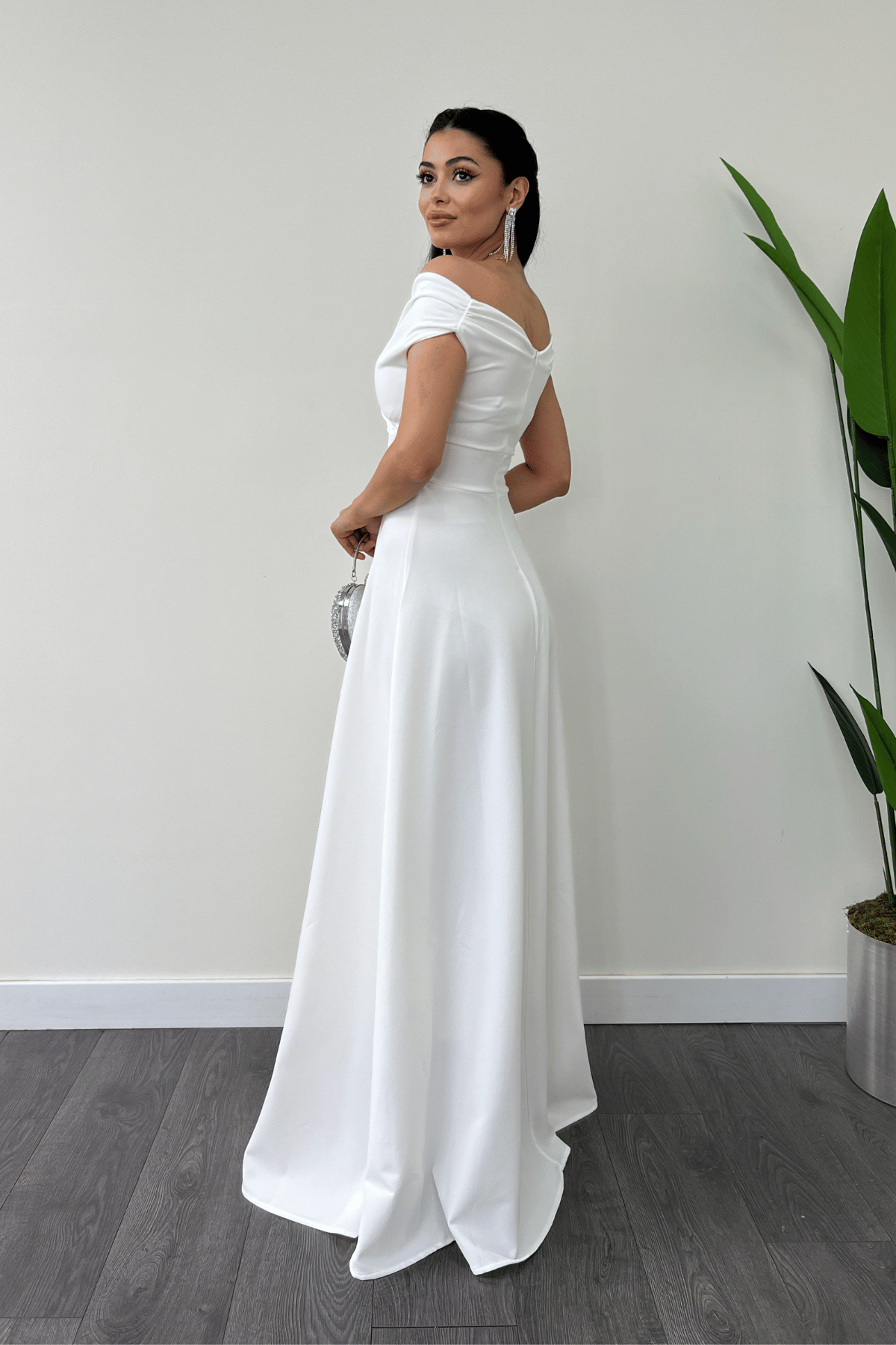 Boat Neck Flared  Dress - White