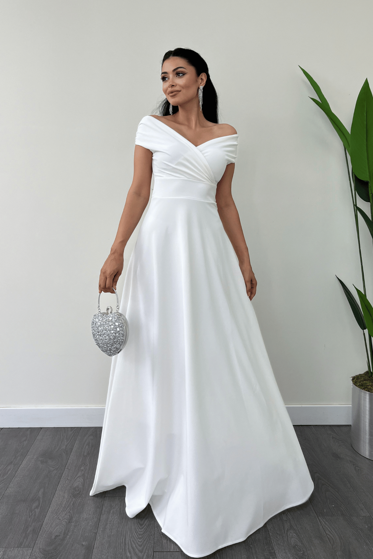 Boat Neck Flared  Dress - White