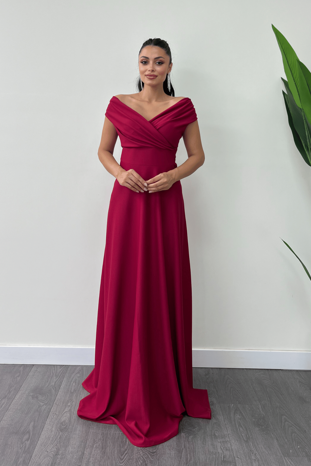 Kayık Yaka Kiloş Elbise - Bordo