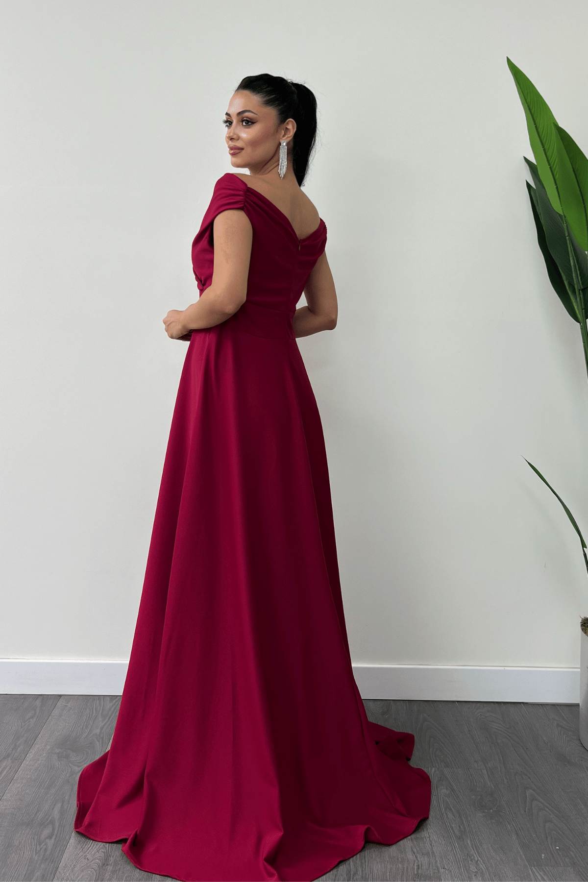 Kayık Yaka Kiloş Elbise - Bordo