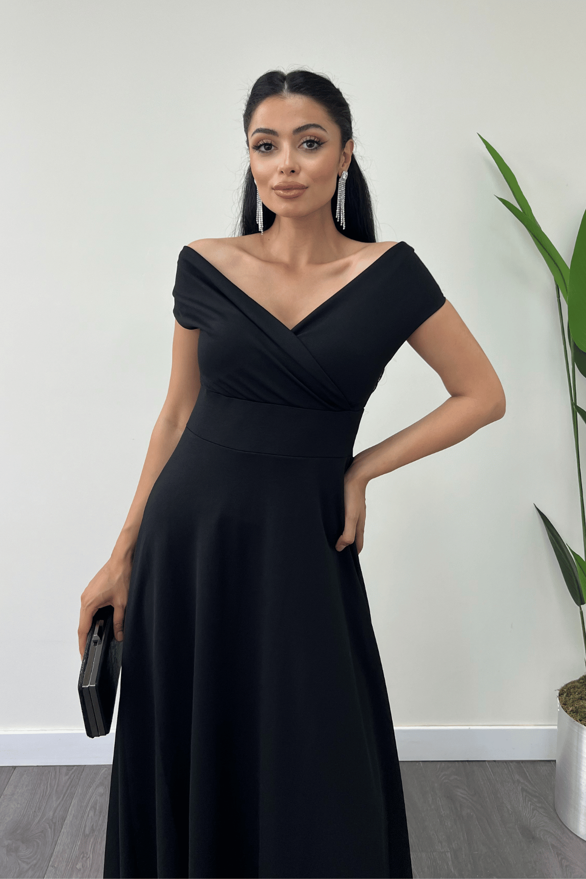 Boat Neck Flared  Dress - Black