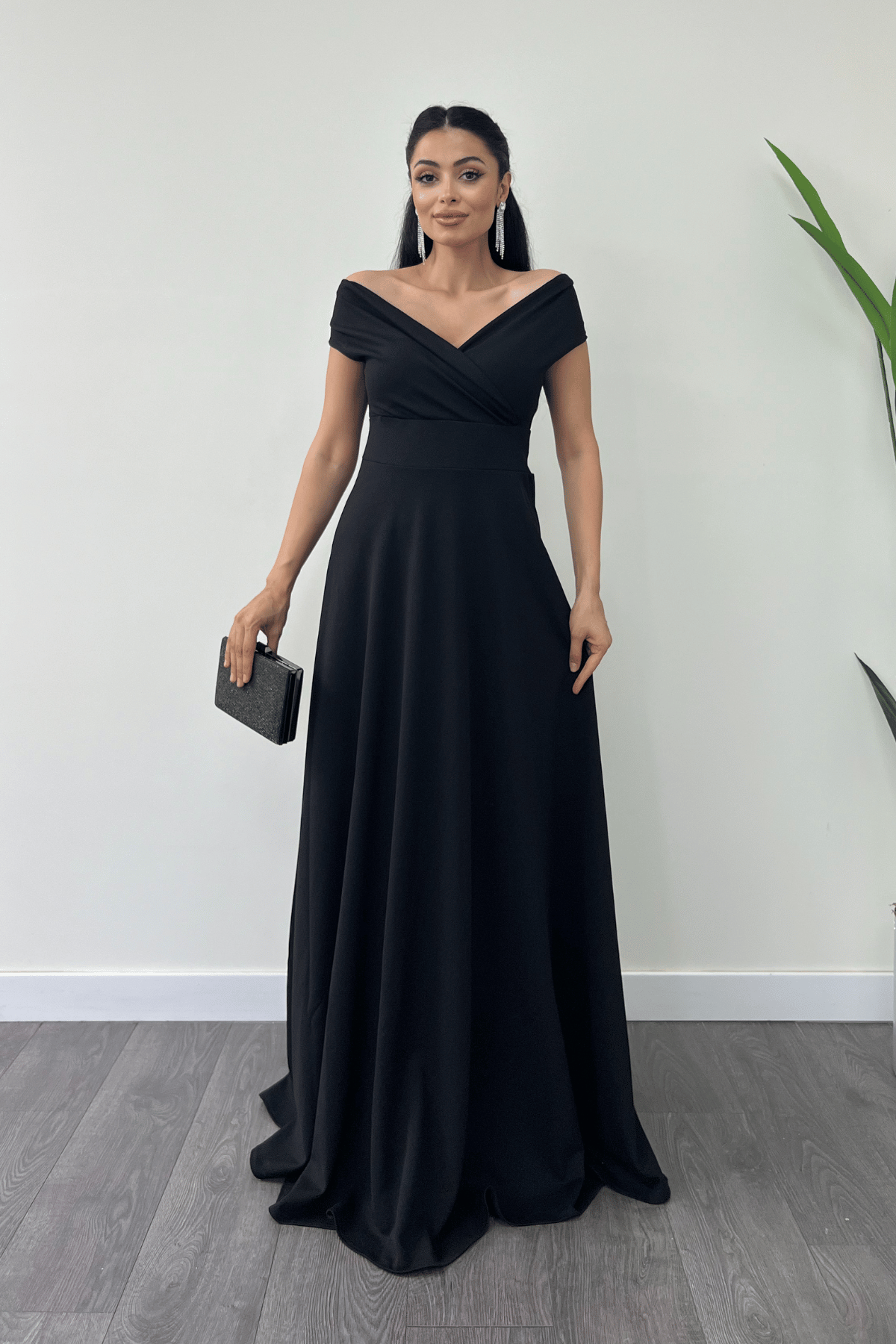 Boat Neck Flared  Dress - Black