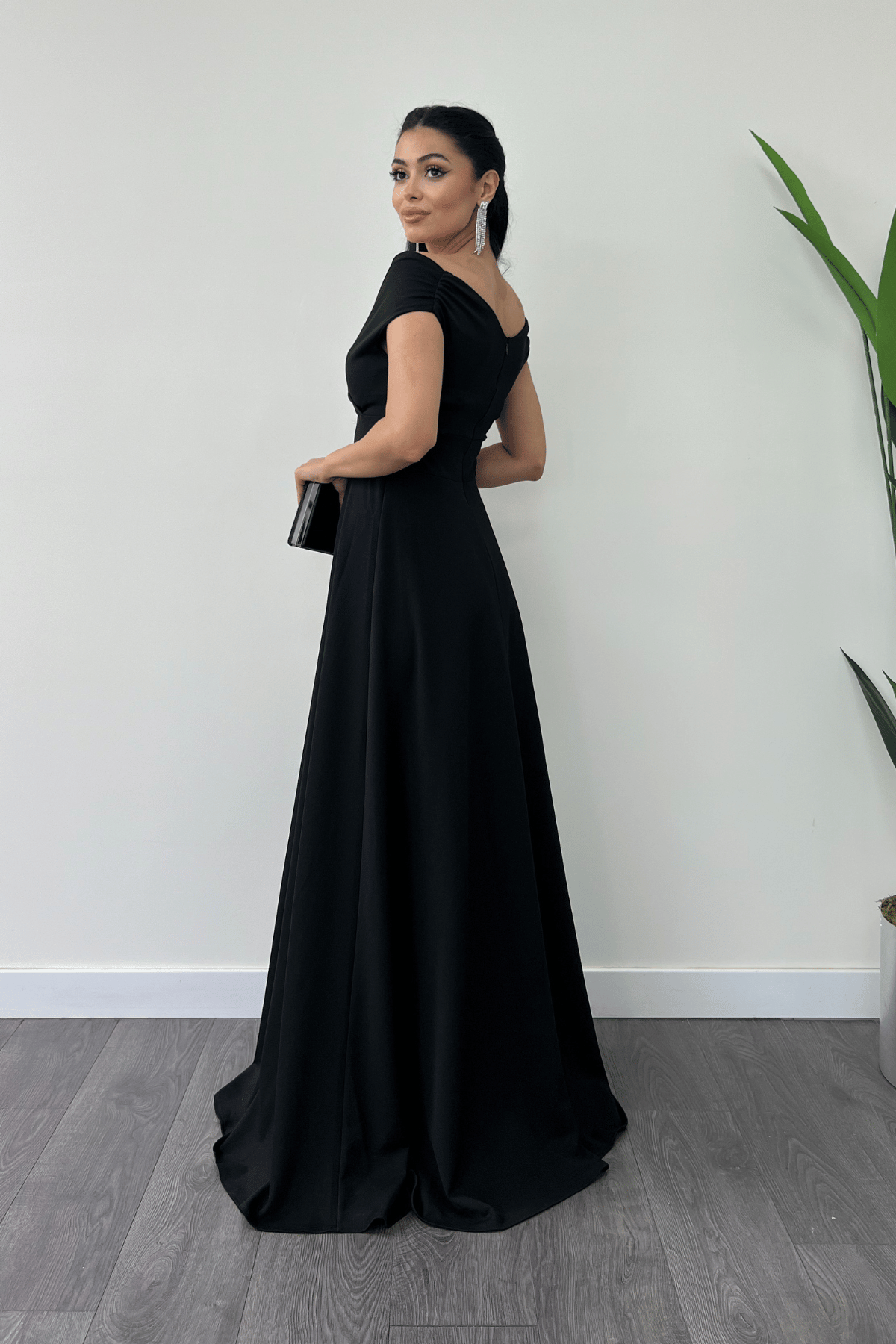 Boat Neck Flared  Dress - Black