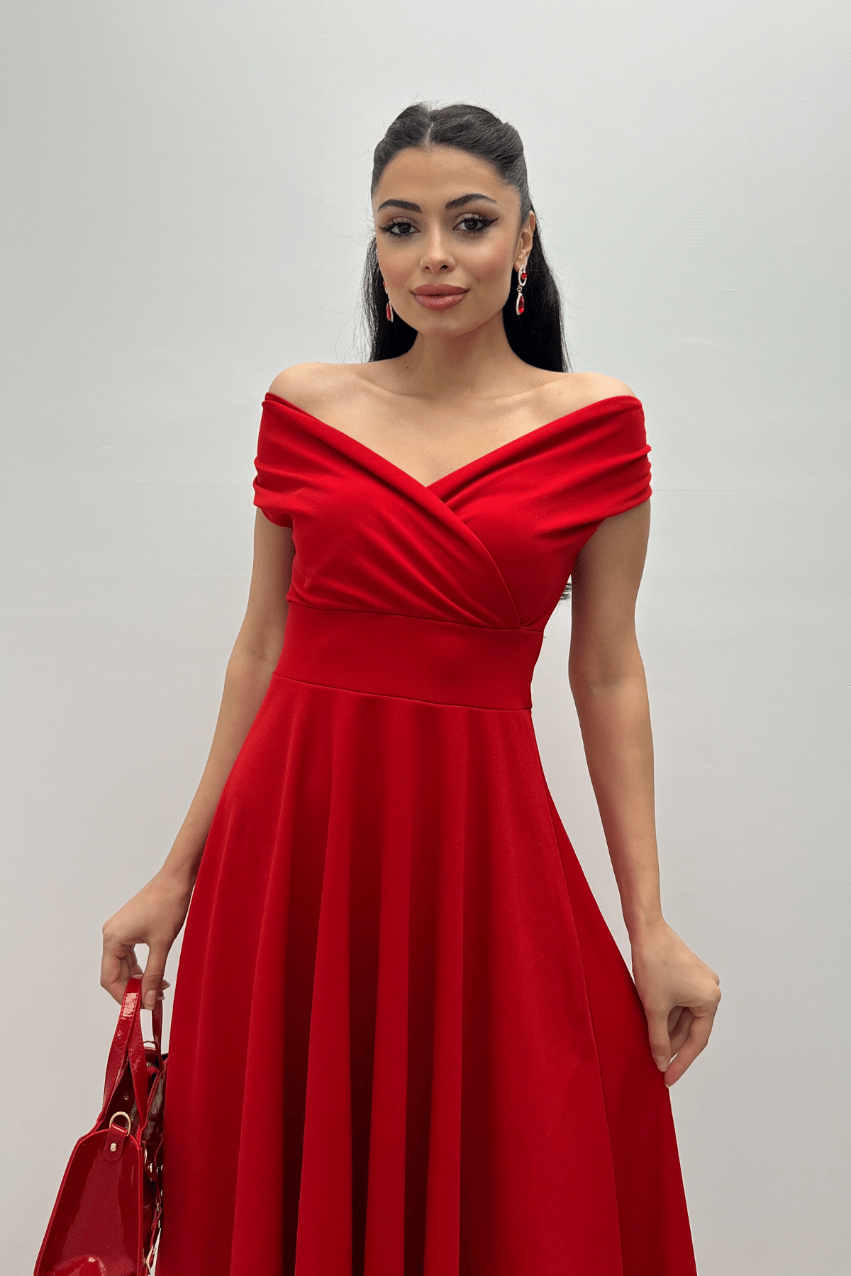Boat Neck Midi Dress - Red