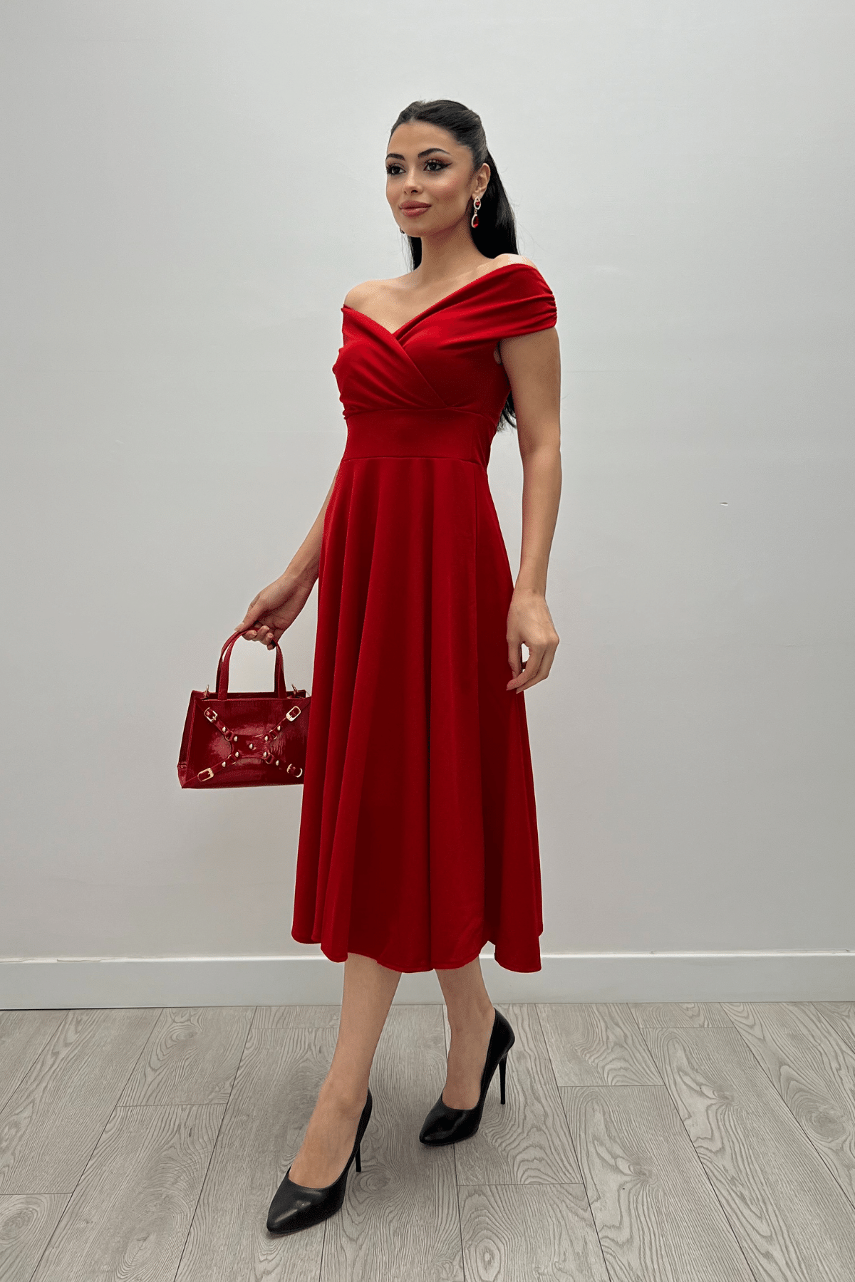 Boat Neck Midi Dress - Red