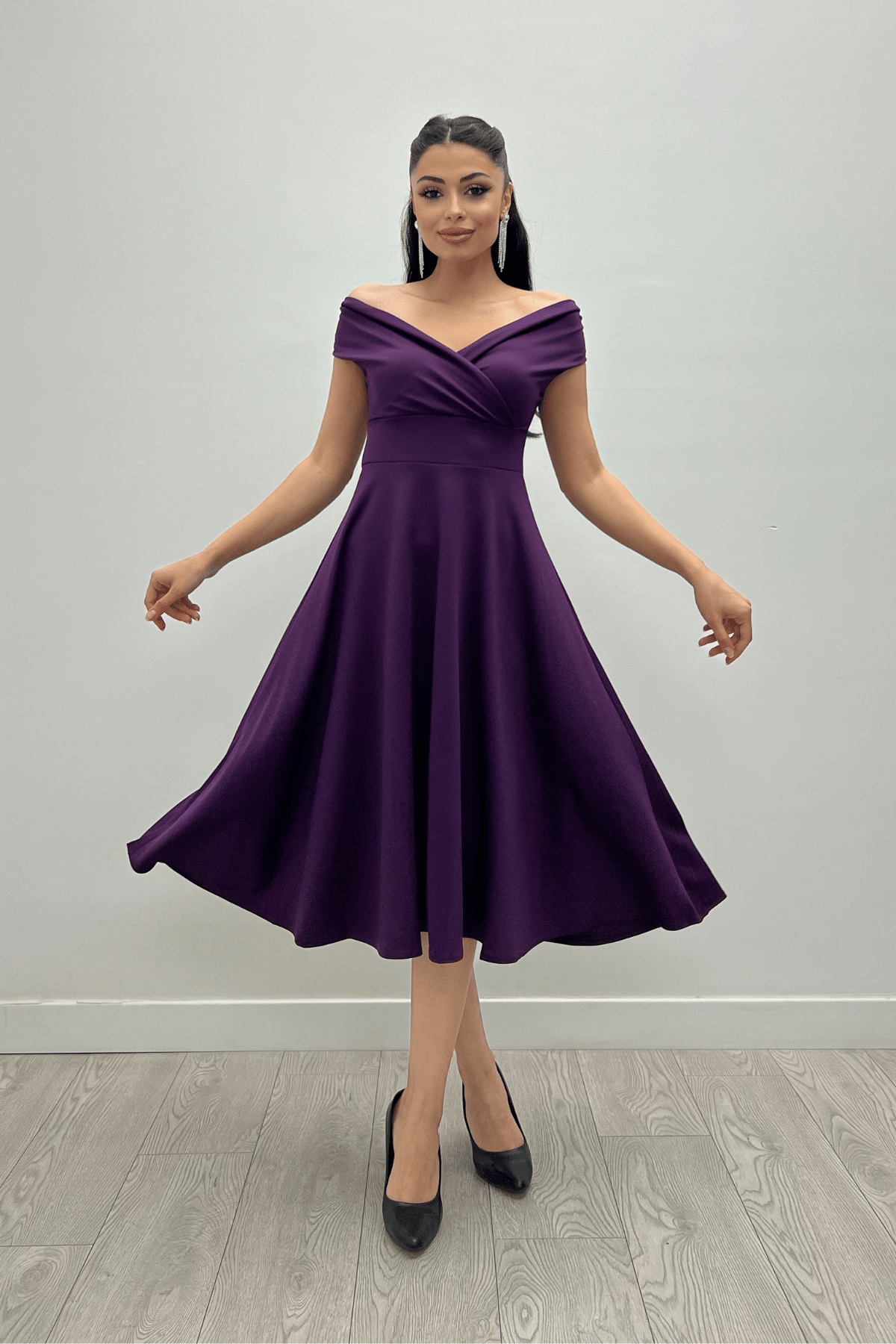 Kayık Yaka Midi Elbise - Patlıcan Mor