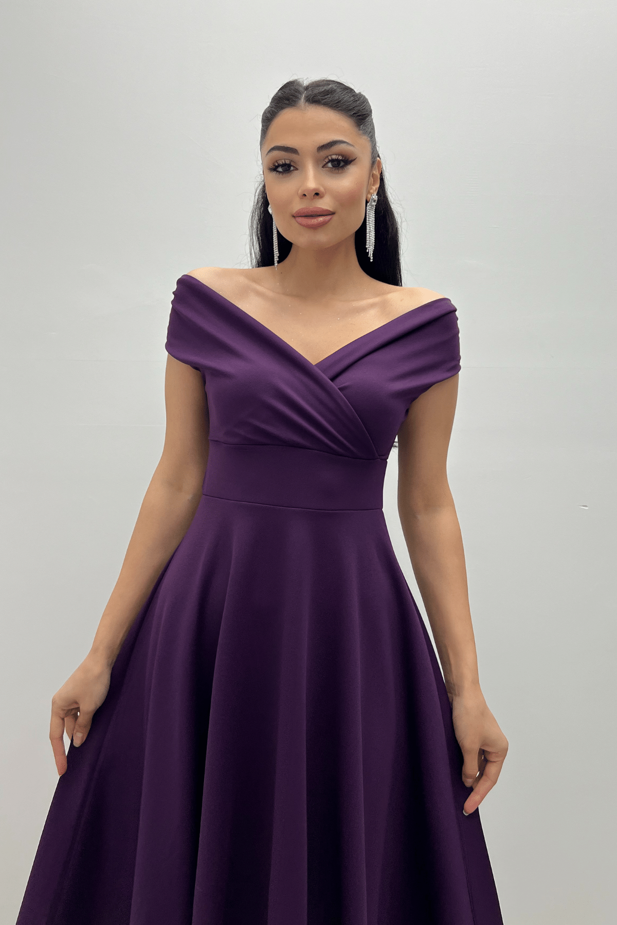 Kayık Yaka Midi Elbise - Patlıcan Mor