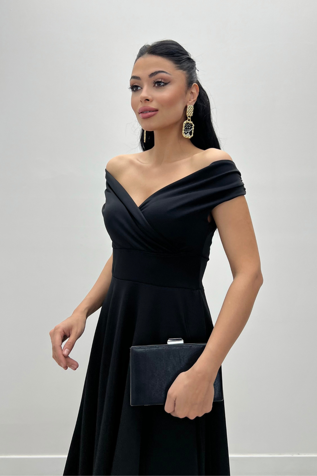 Boat Neck Midi Dress - Black