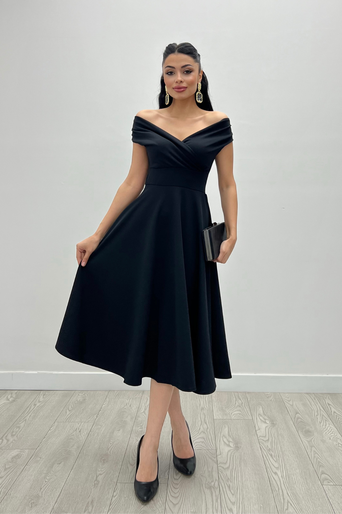 Boat Neck Midi Dress - Black