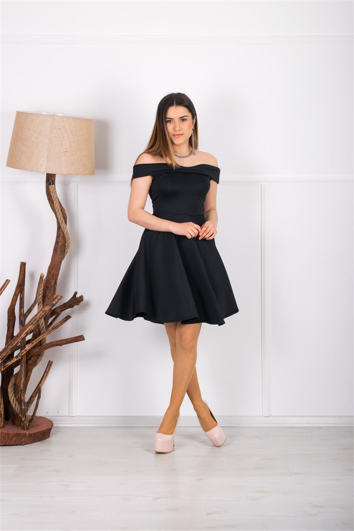 Kayık Yaka Mini Elbise - Siyah