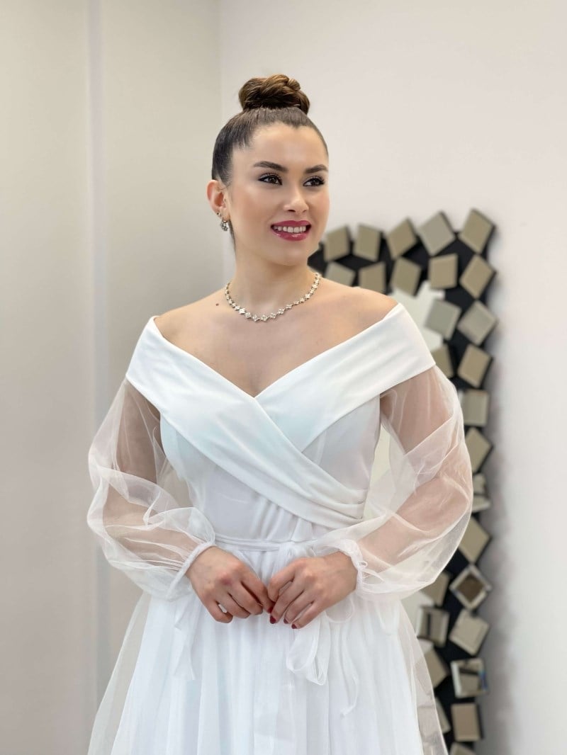 Kayık Yaka Tül Elbise - BEYAZ