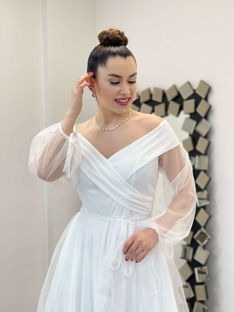 Kayık Yaka Tül Elbise - BEYAZ