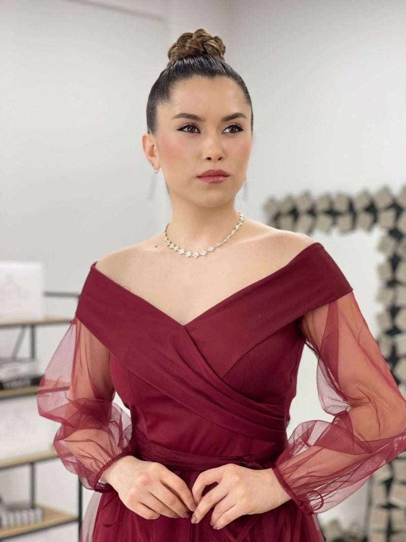 Kayık Yaka Tül Elbise - BORDO