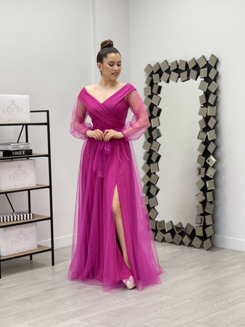 Kayık Yaka Tül Elbise - PEMBE