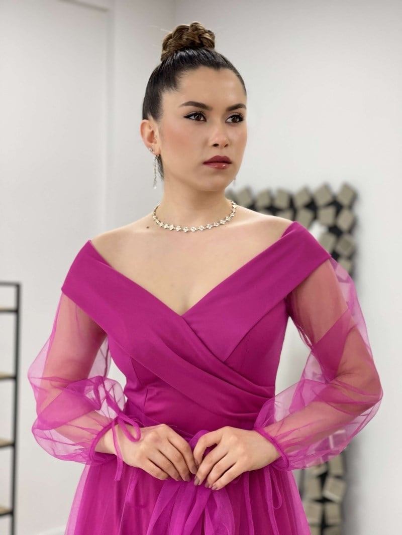 Kayık Yaka Tül Elbise - PEMBE