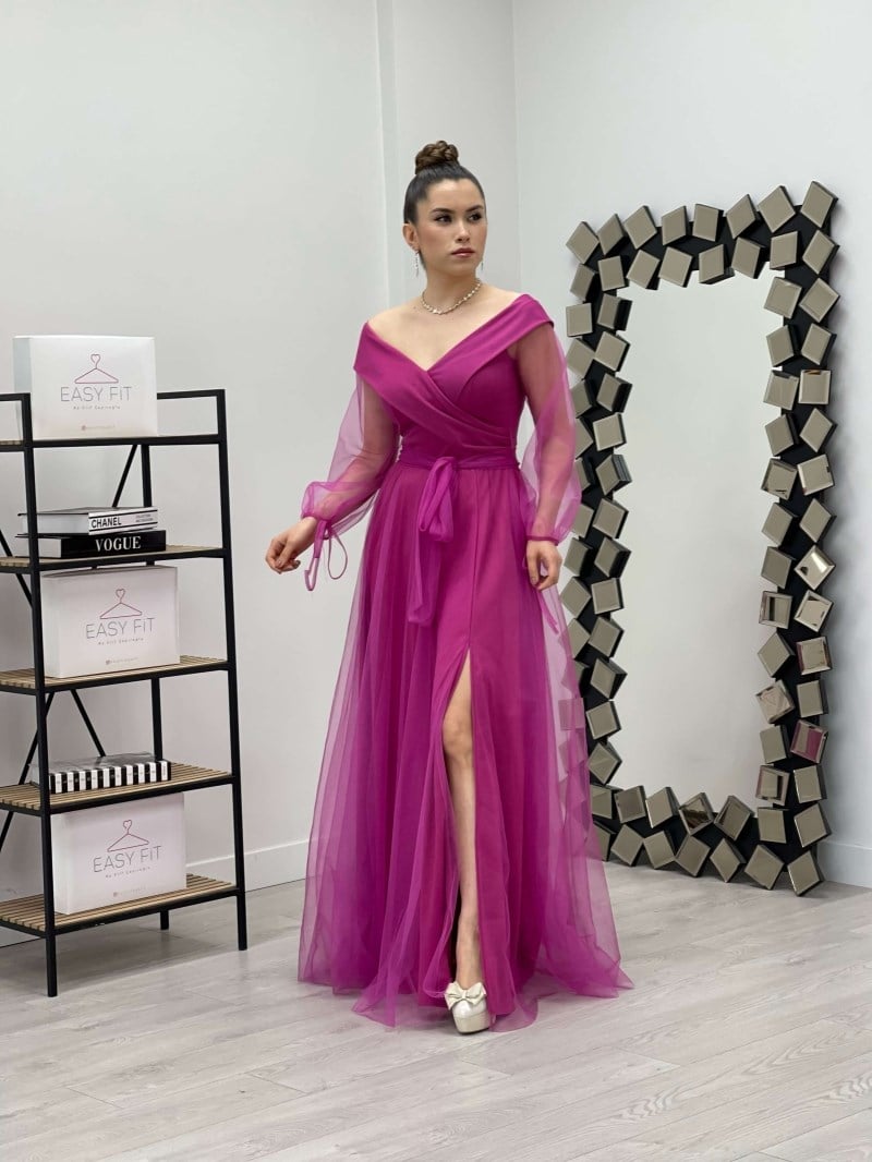 Kayık Yaka Tül Elbise - PEMBE