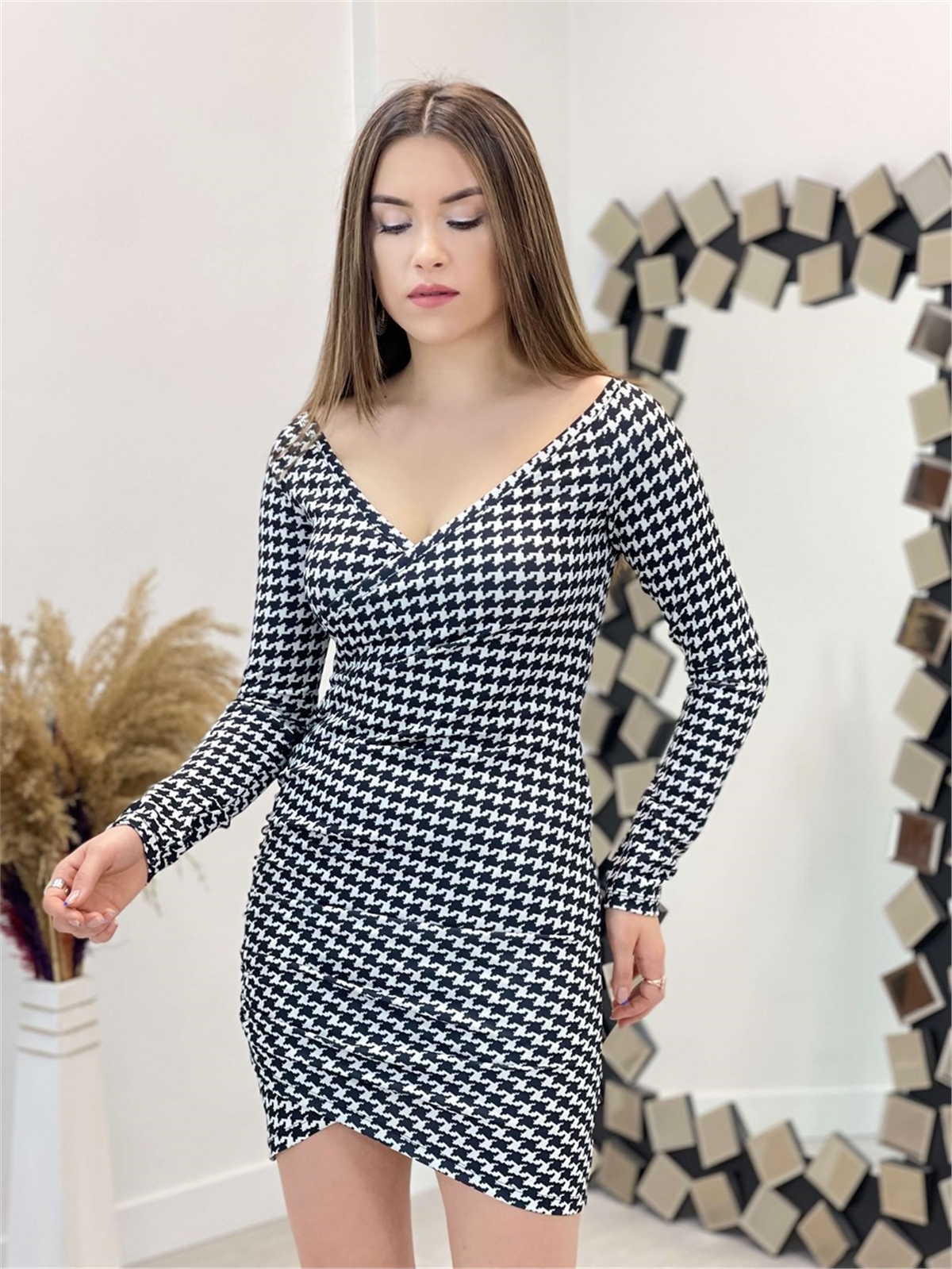 Kazayağı Mini Elbise - Siyah