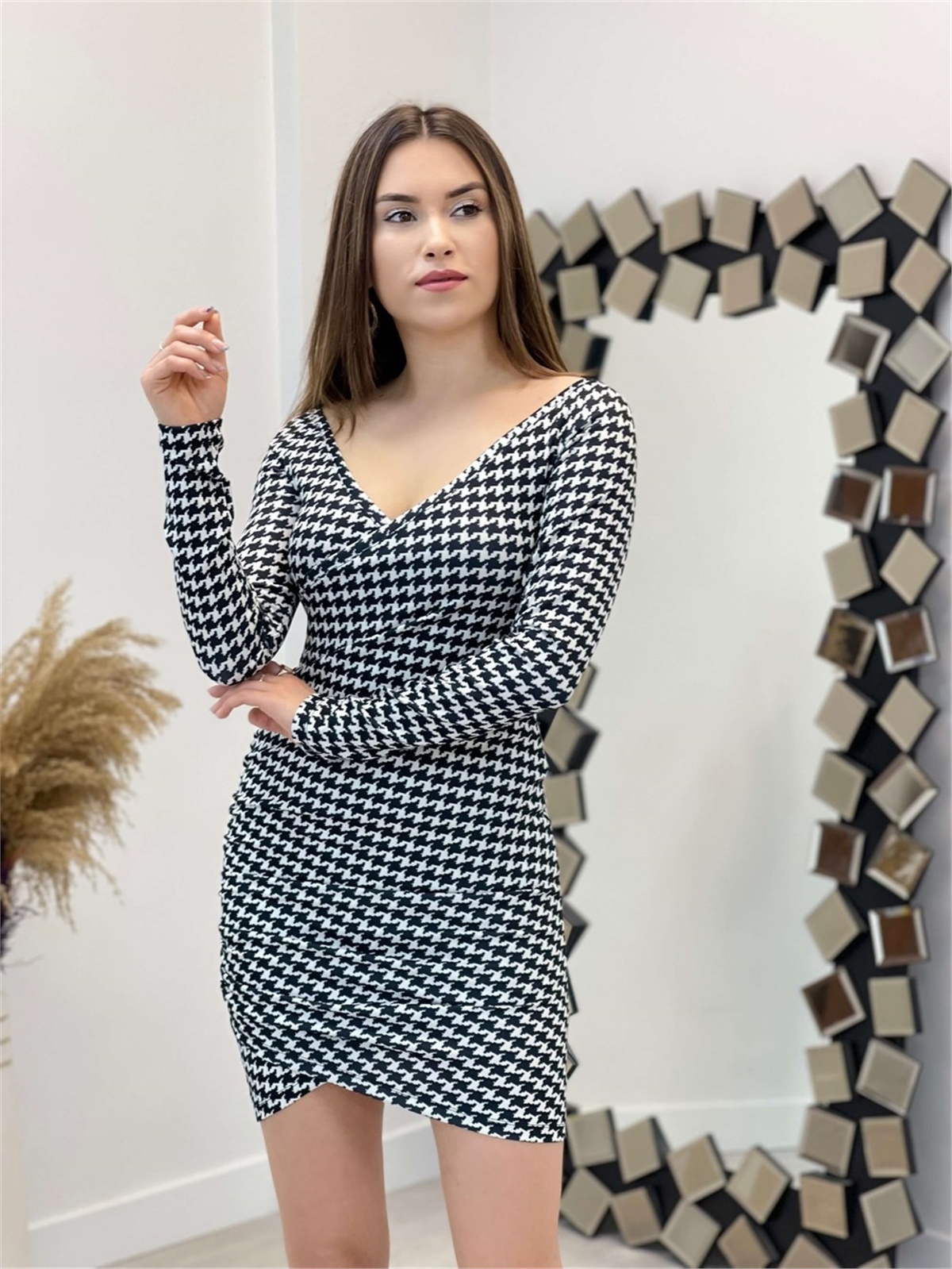 Kazayağı Mini Elbise - Siyah