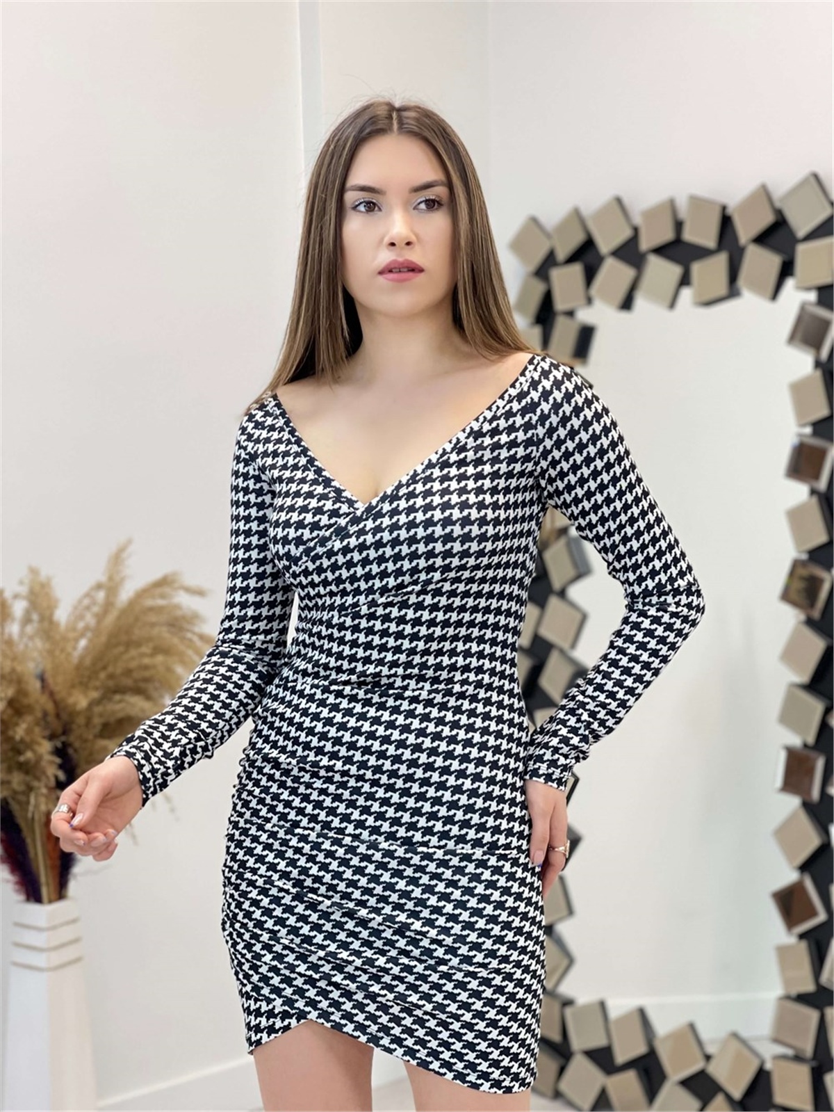 Kazayağı Mini Elbise - Siyah