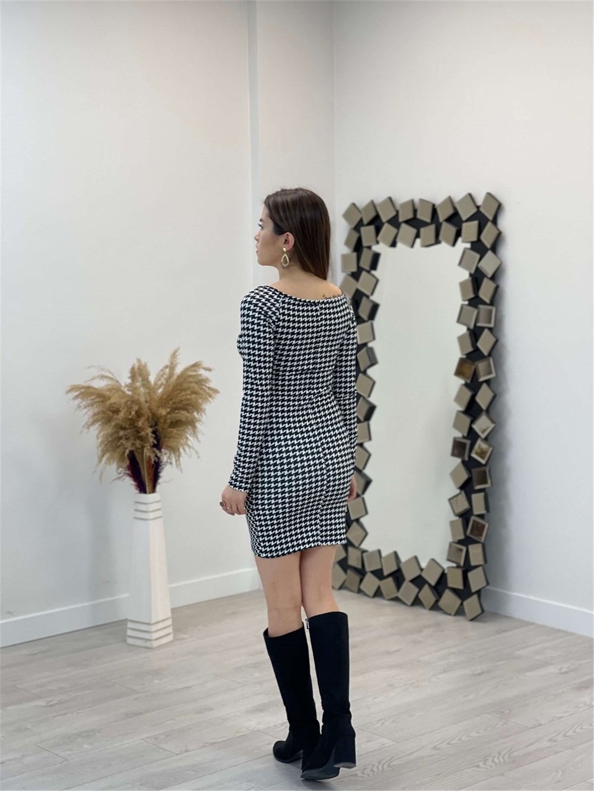 Kazayağı Mini Elbise - Siyah