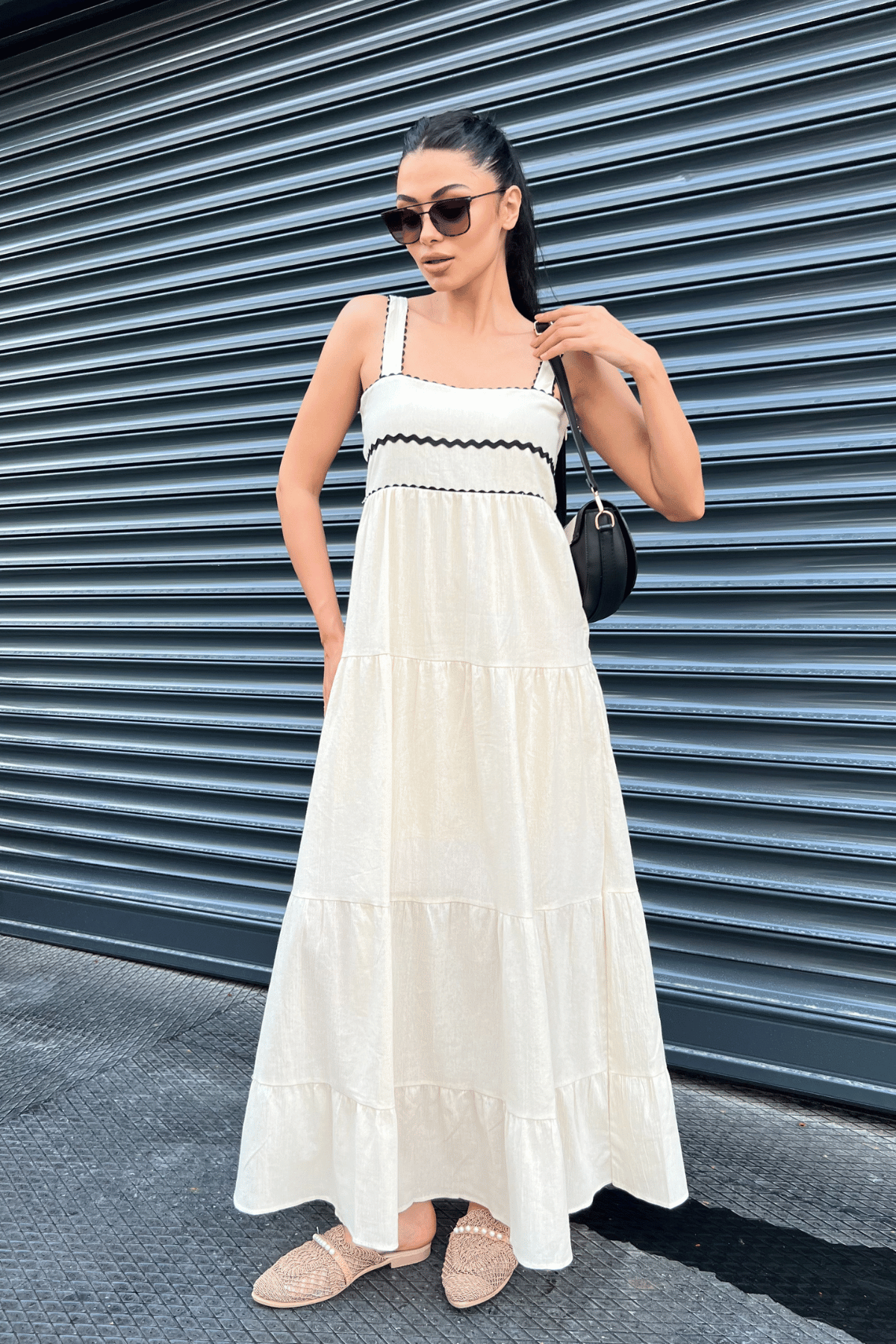 Keten Kumaş Askılı Maxi Elbise  - KREM