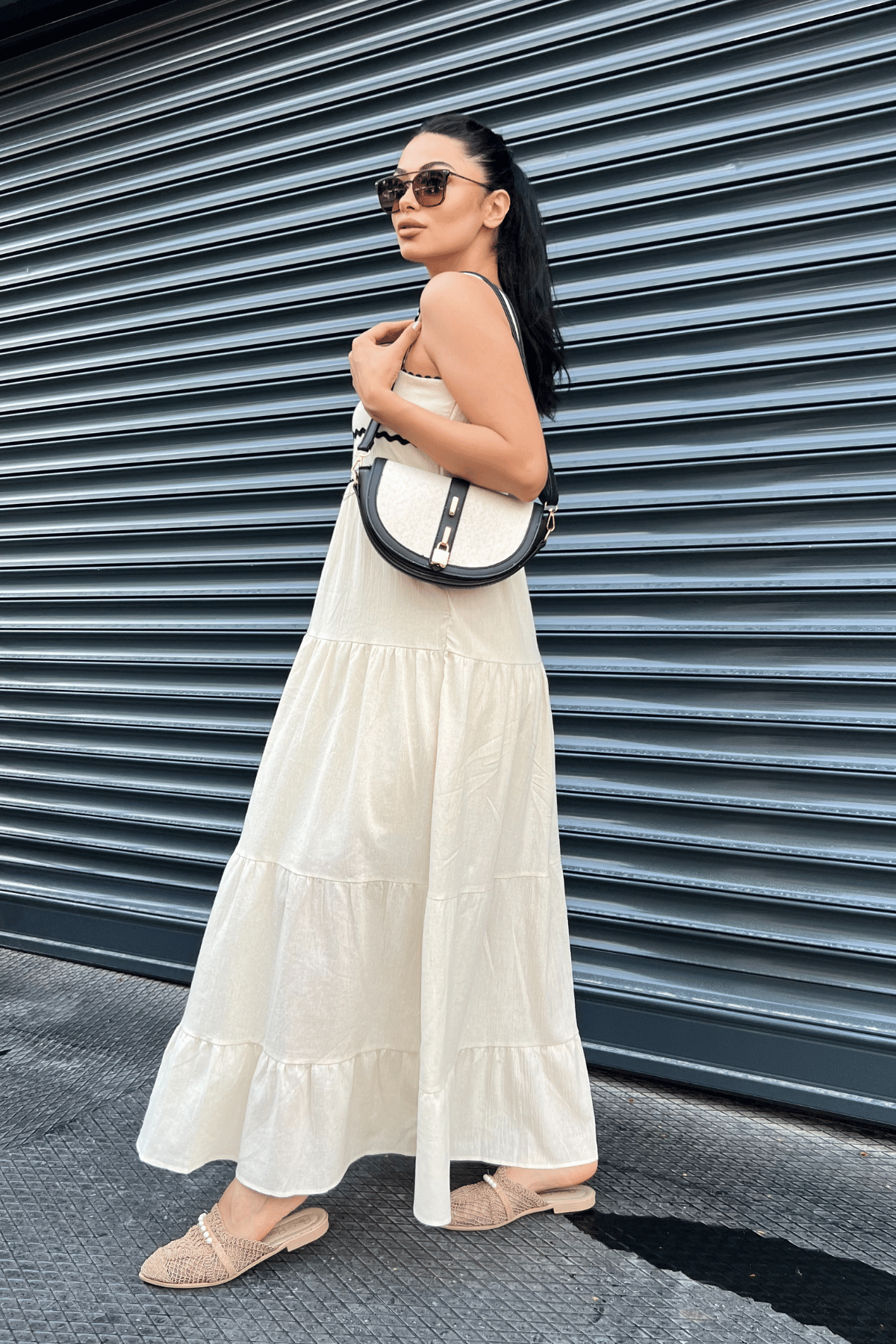 Keten Kumaş Askılı Maxi Elbise  - KREM