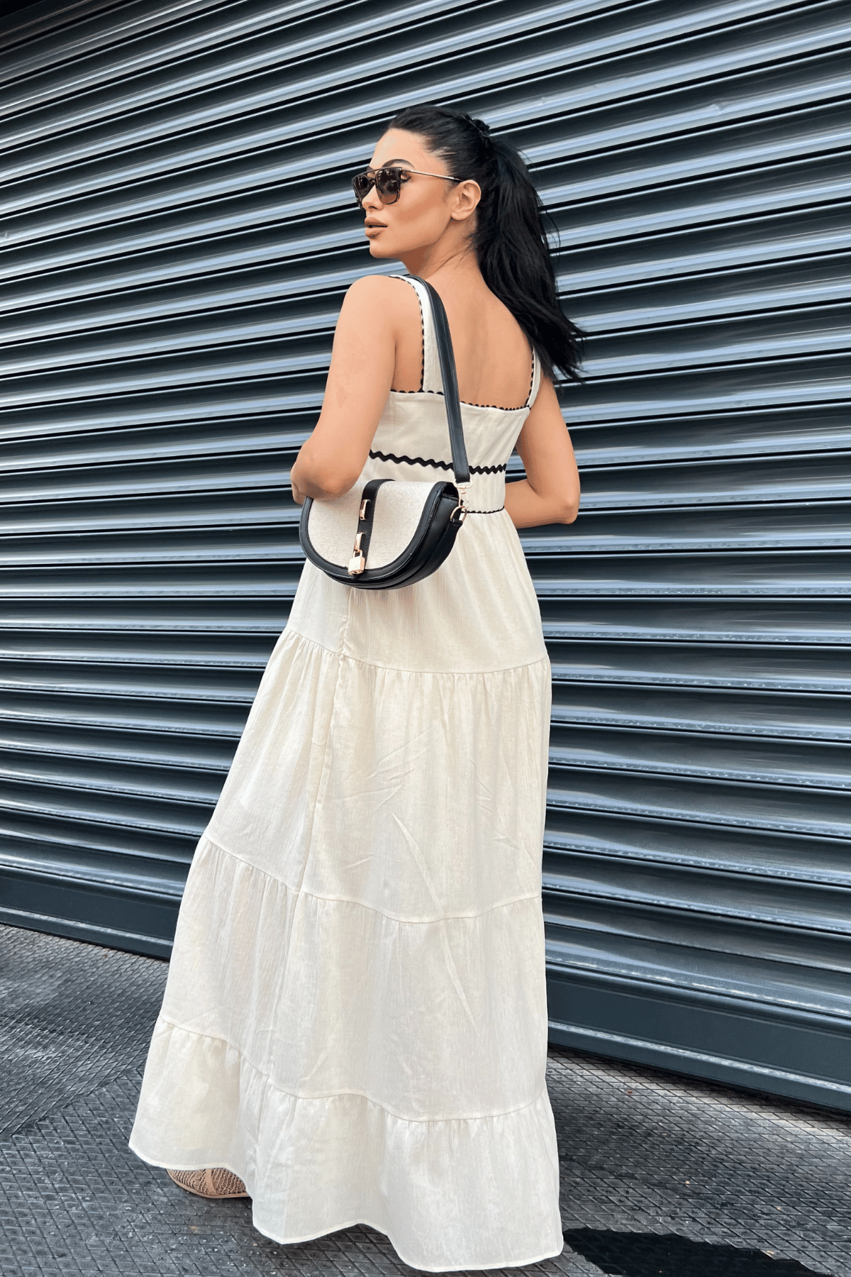 Keten Kumaş Askılı Maxi Elbise  - KREM