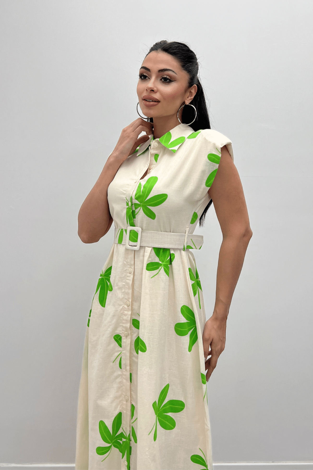 Keten Kumaş Düğme Detaylı Elbise - YEŞİL