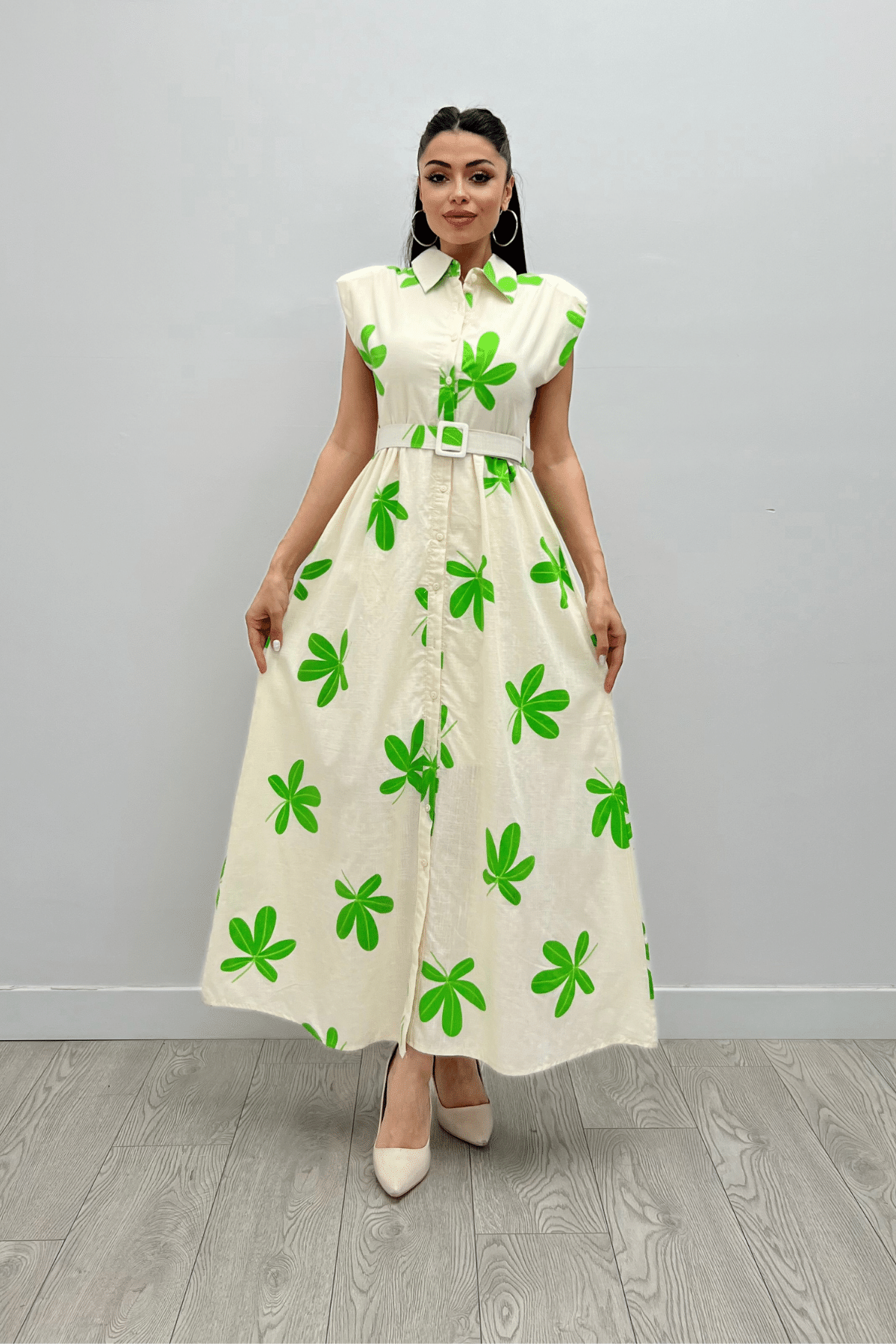 Keten Kumaş Düğme Detaylı Elbise - YEŞİL