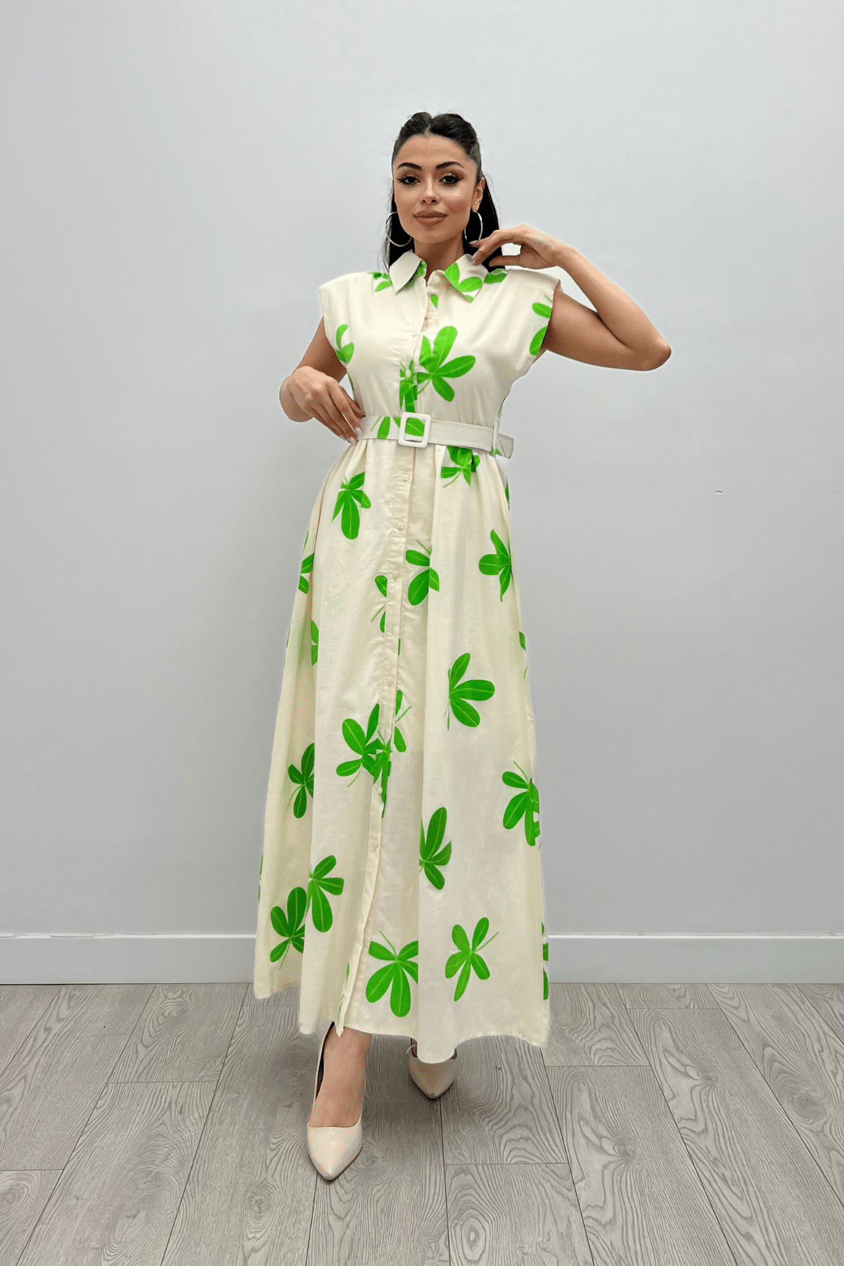 Keten Kumaş Düğme Detaylı Elbise - YEŞİL