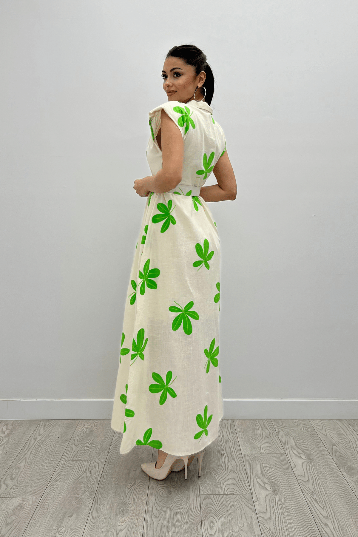 Keten Kumaş Düğme Detaylı Elbise - YEŞİL