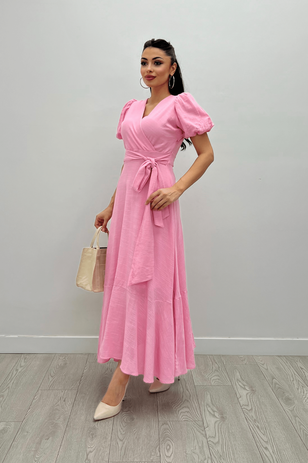 Keten Kumaş Kruvaze Yaka Midi Elbise - PEMBE